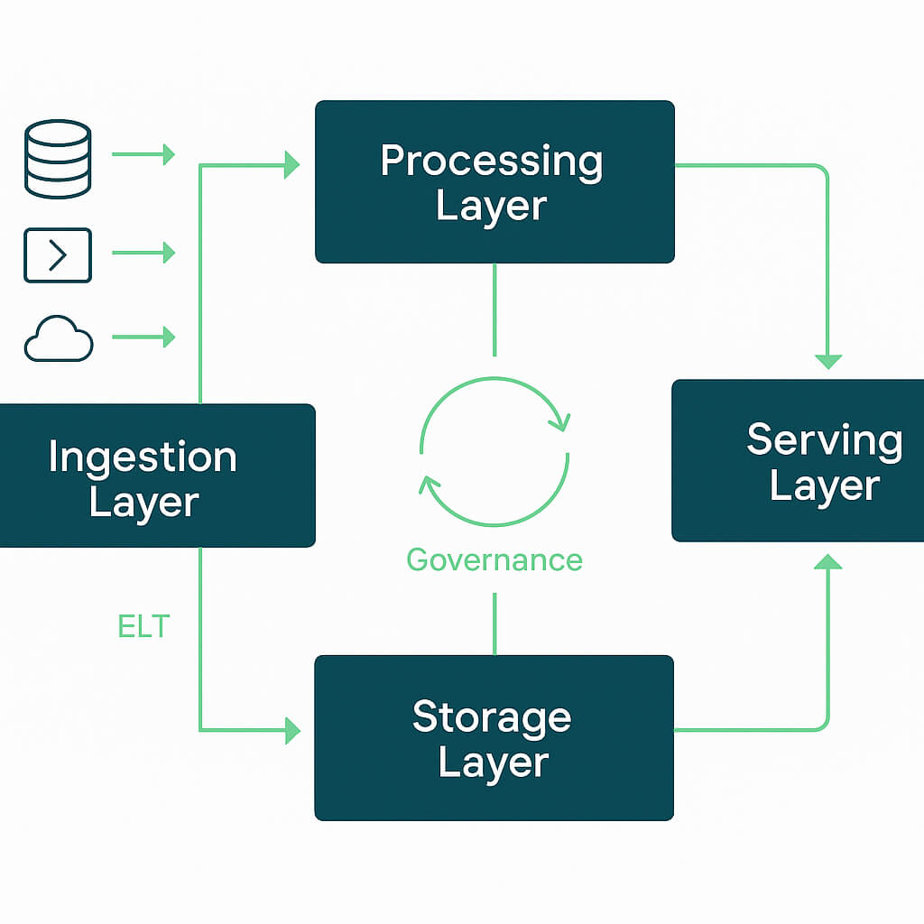 A modern data warehouse architecture comprises of an ingestion layer, storage layer, serving layer, and processing layer. 