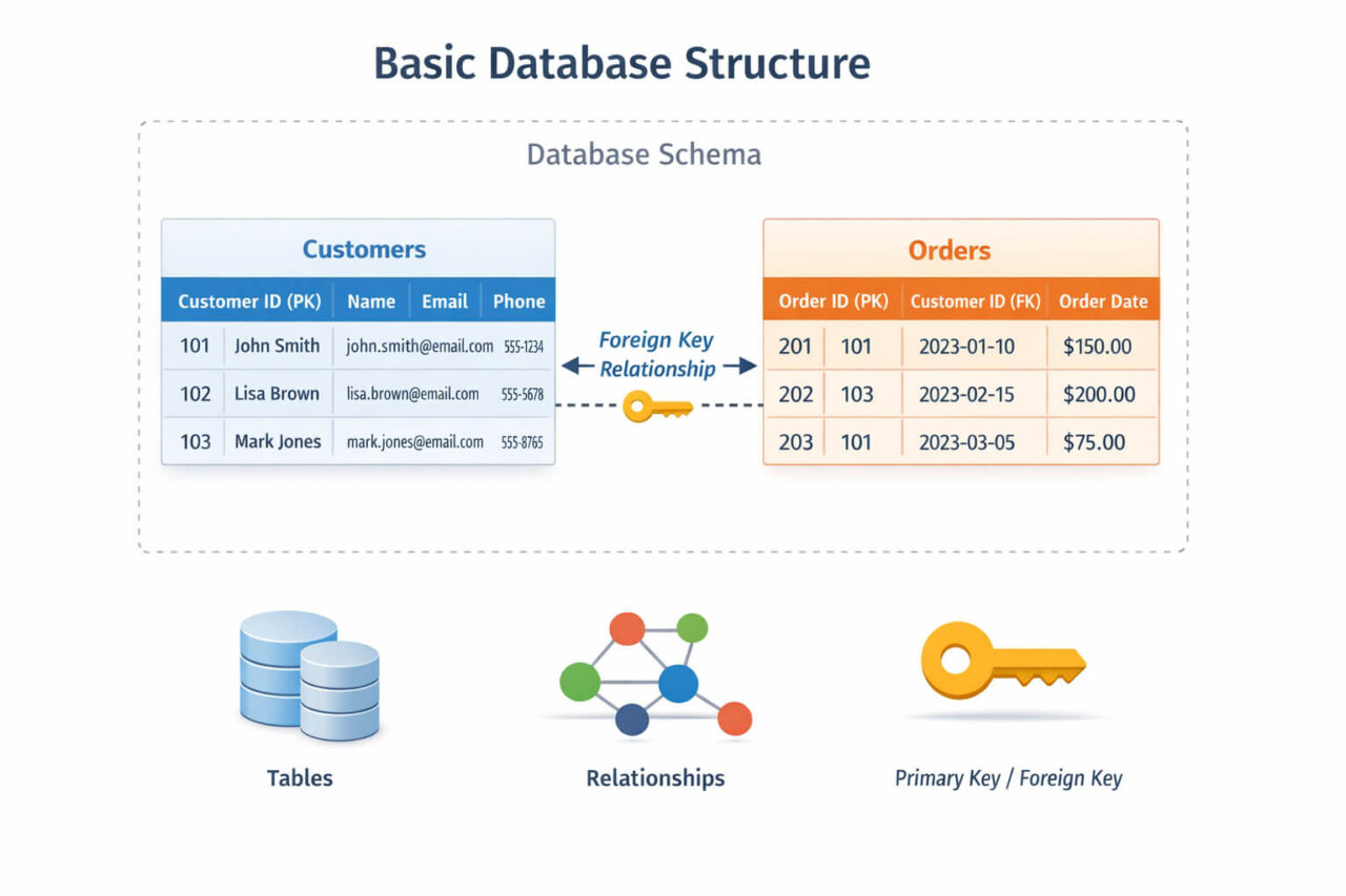 Diagram showing basic database structure with tables, rows, columns, schema, and primary–foreign key relationships