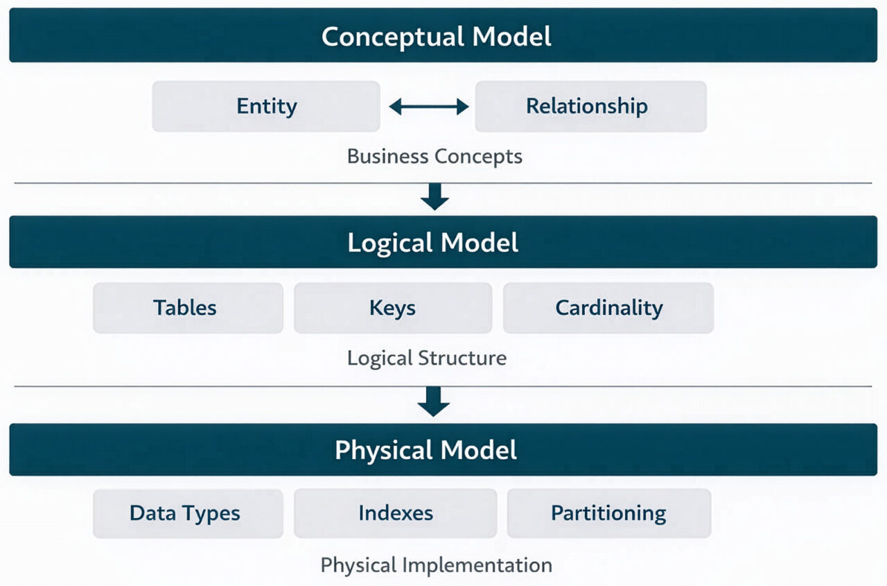 Conceptual, logical, and physical database modeling levels diagram.