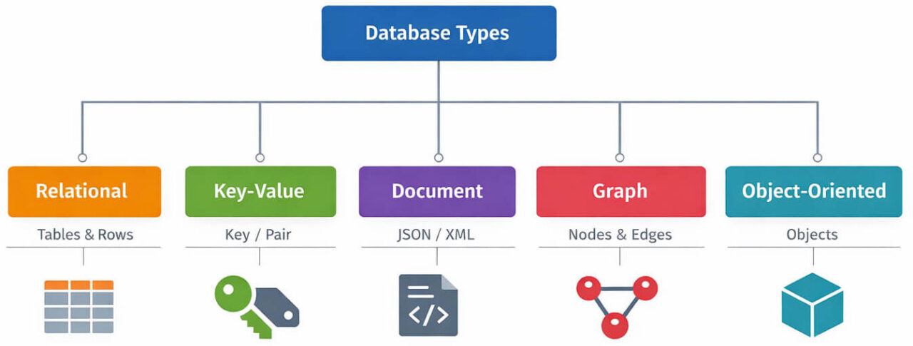 Database types by data model showcasing a taxonomy tree with relational, key-value, document, graph, object-oriented, and column-family of databases.