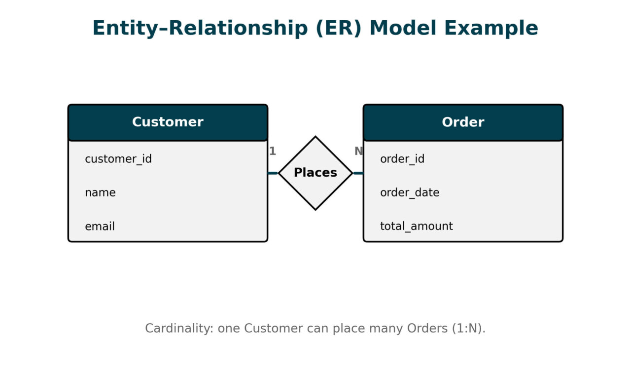 Entity relationship diagram example showing Customer places Order with 1 to N cardinality.