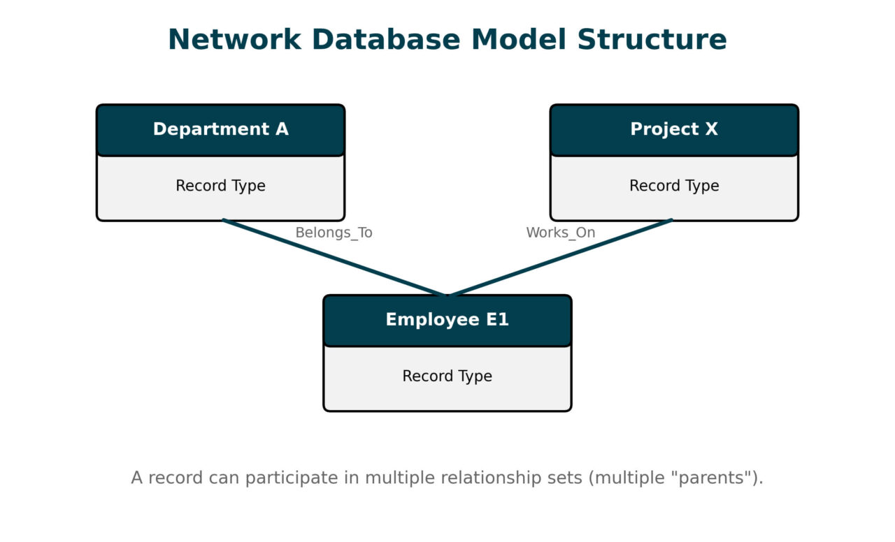 Network database model graph structure showing a record with multiple parent relationships.
