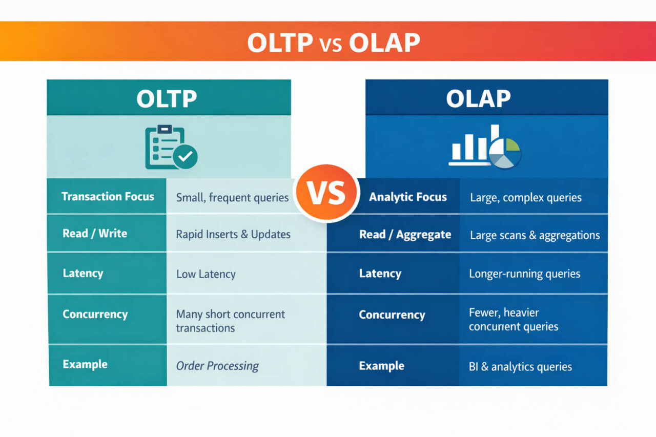 Comparison of OLTP and OLAP workloads showing differences in query patterns, latency profile, concurrency, and typical use cases.