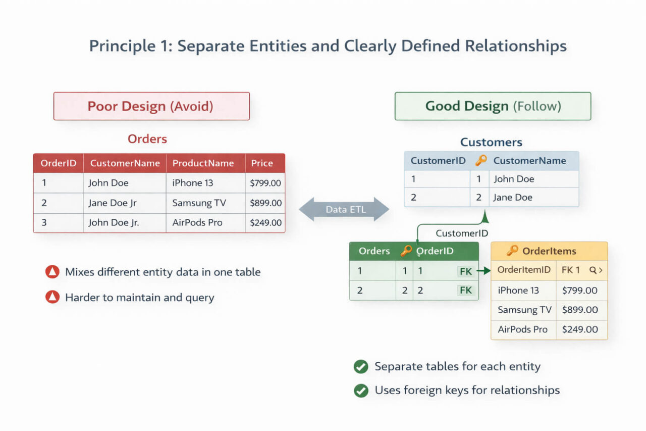 Database design principle diagram showing poor mixed-entity table vs separated relational tables with foreign key relationships.