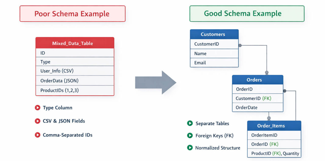Normalized relational database schema vs poor mixed table design showing atomic columns, separate tables, and foreign key relationships.
